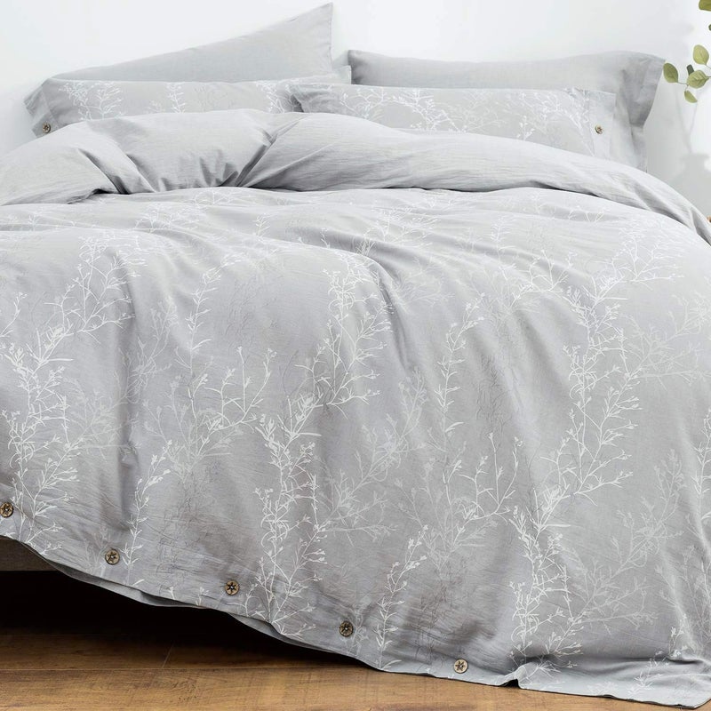 OREISE Duvet Cover Set King Size Washed Cotton Yarn, Jacquard Gray and White Thin Branch Pattern Floral Style 3Piece Bedding Set - Image 1